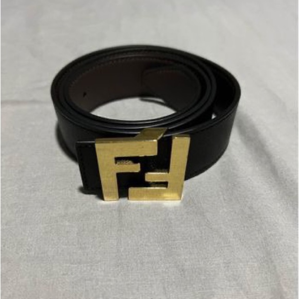 FENDI Belt Leather Black Gold Logo Buckle Men's